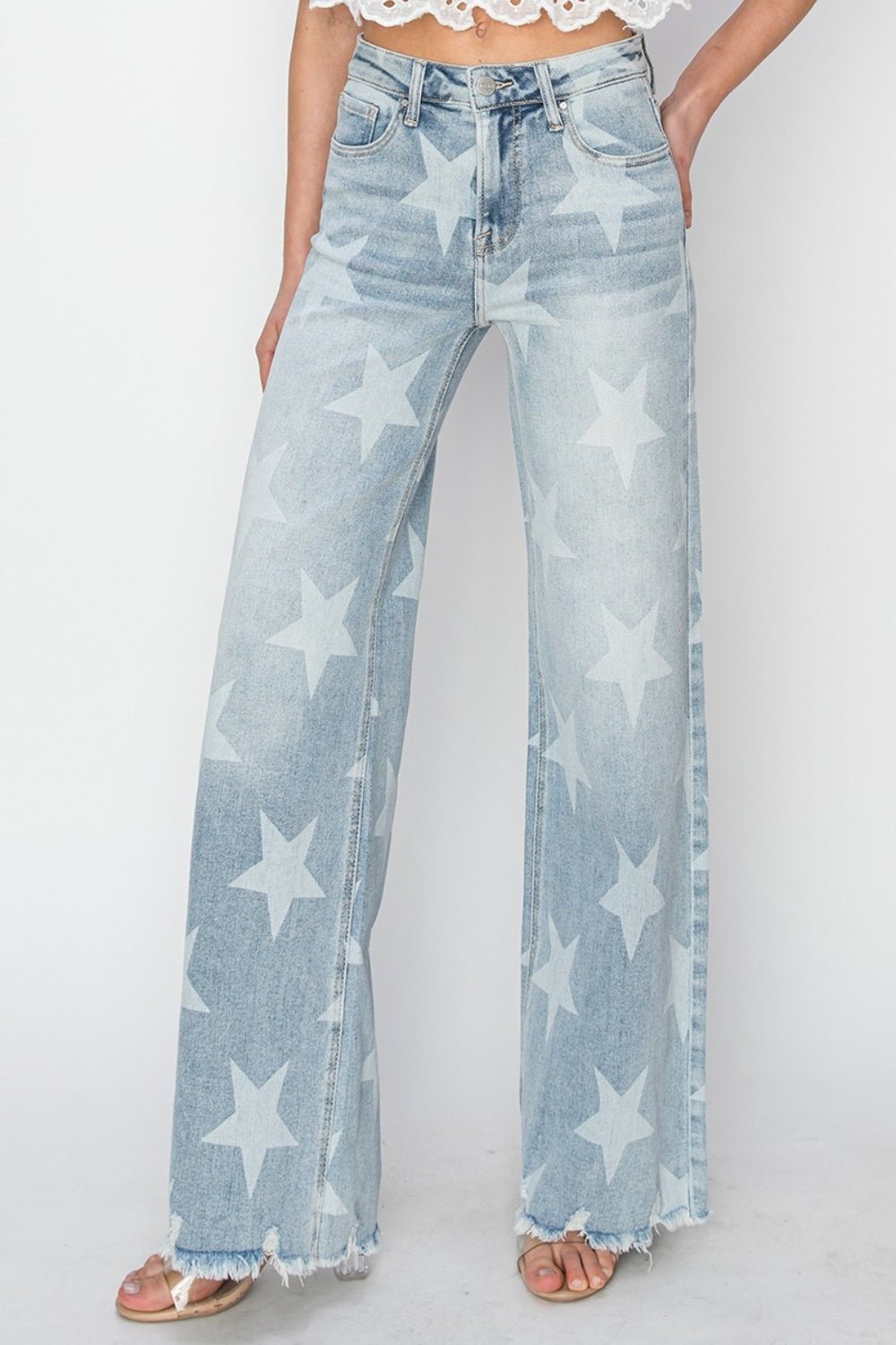 Light Wash Raw Hem Star Pattern Wide Leg JeansJeansRISEN