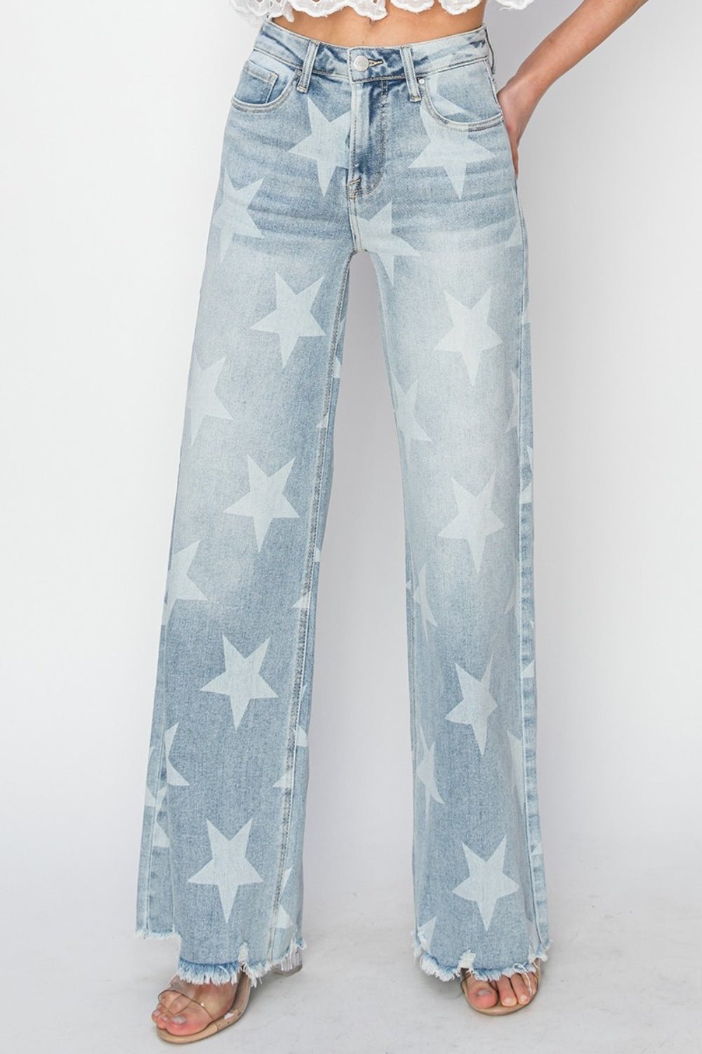 Light Wash Raw Hem Star Pattern Wide Leg JeansJeansRISEN