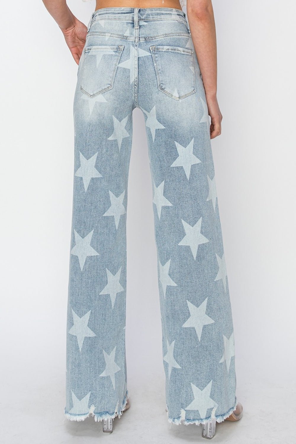 Light Wash Raw Hem Star Pattern Wide Leg JeansJeansRISEN