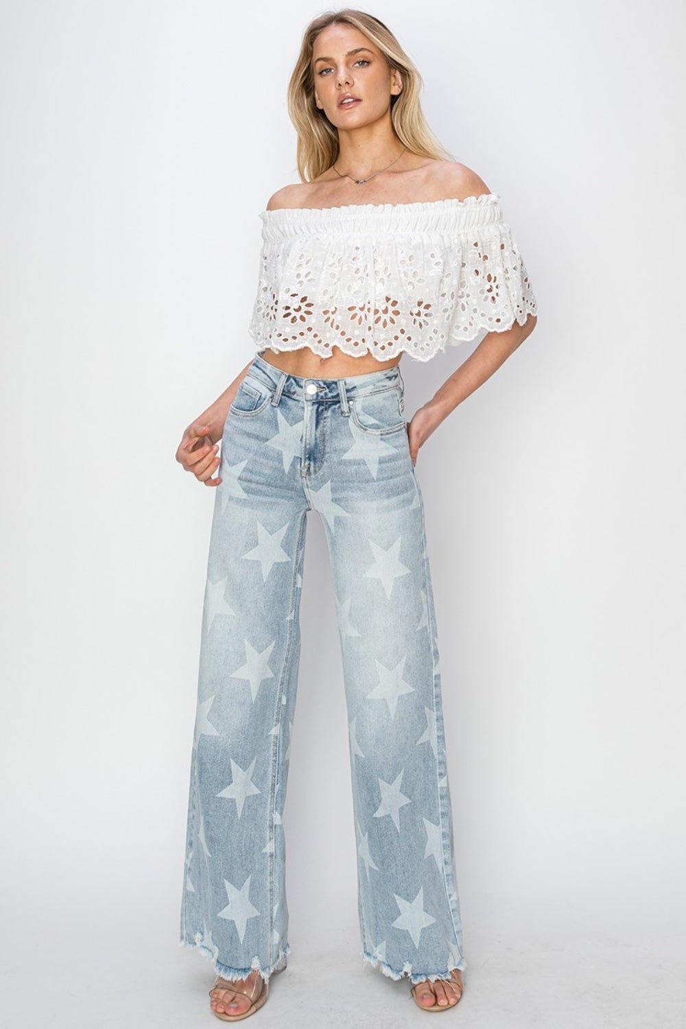 Light Wash Raw Hem Star Pattern Wide Leg JeansJeansRISEN