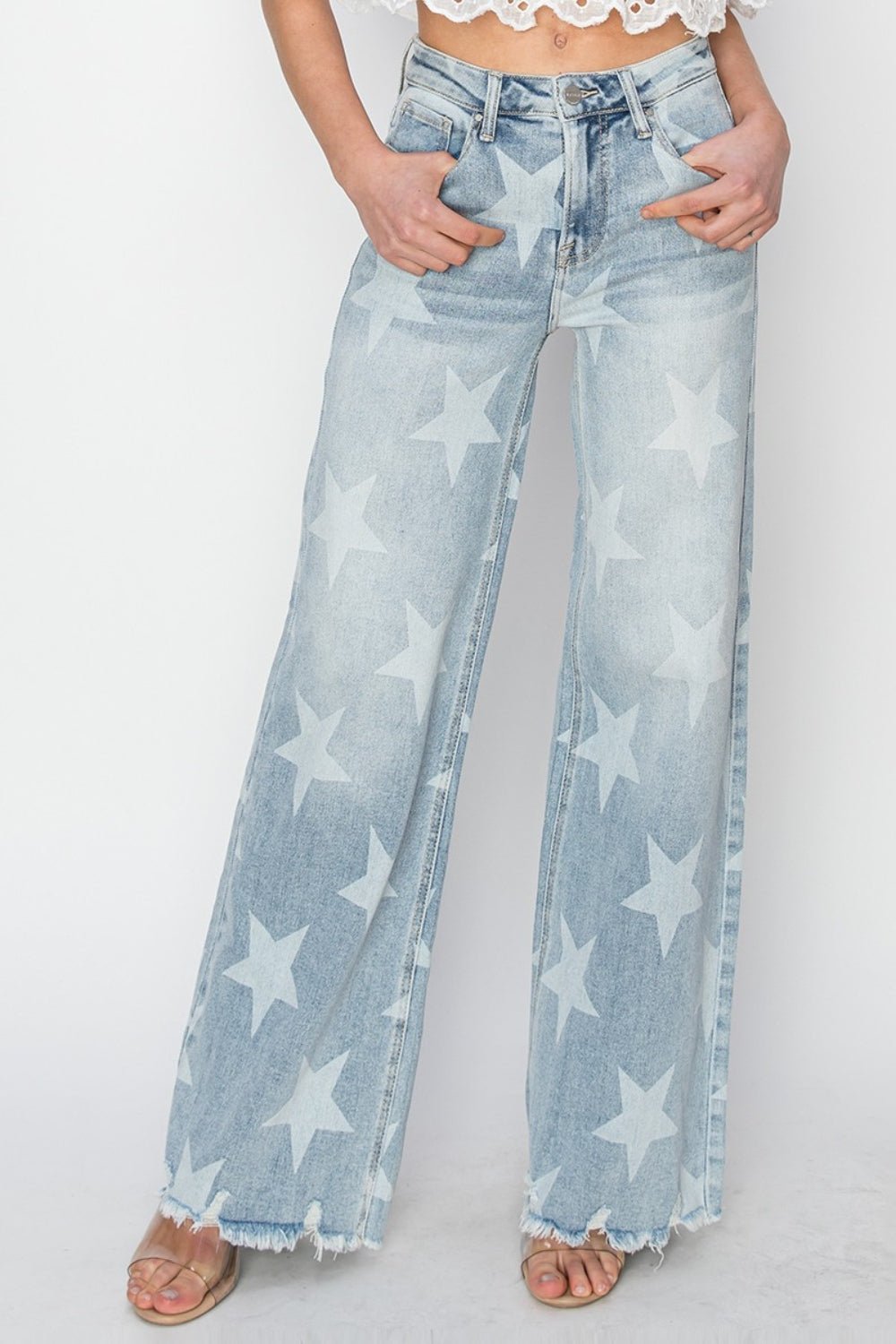 Light Wash Raw Hem Star Pattern Wide Leg JeansJeansRISEN