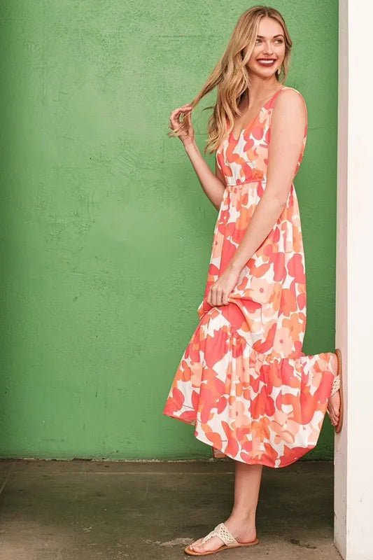 LIME N CHILI - Coral & Cream Abstract Floral Midi Dress with Tiered Hem