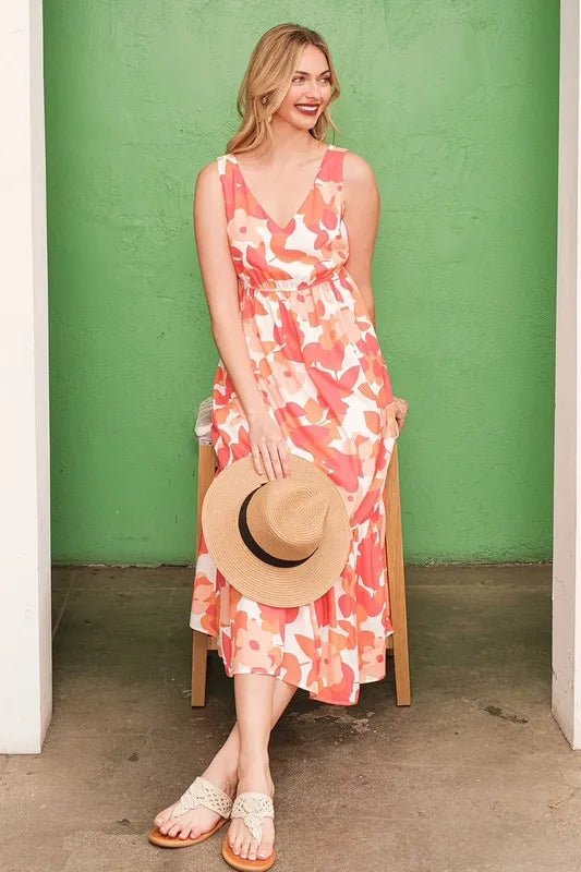 LIME N CHILI - Coral & Cream Abstract Floral Midi Dress with Tiered Hem