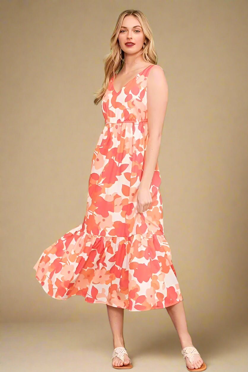LIME N CHILI - Coral & Cream Abstract Floral Midi Dress with Tiered Hem