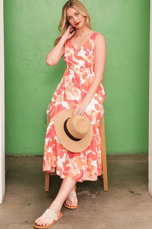 LIME N CHILI - Coral & Cream Abstract Floral Midi Dress with Tiered Hem