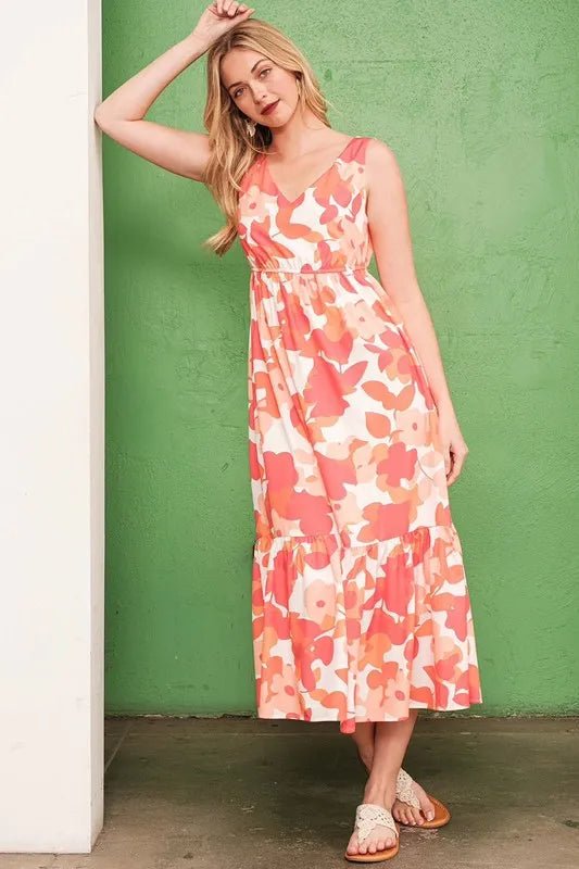 LIME N CHILI - Coral & Cream Abstract Floral Midi Dress with Tiered Hem