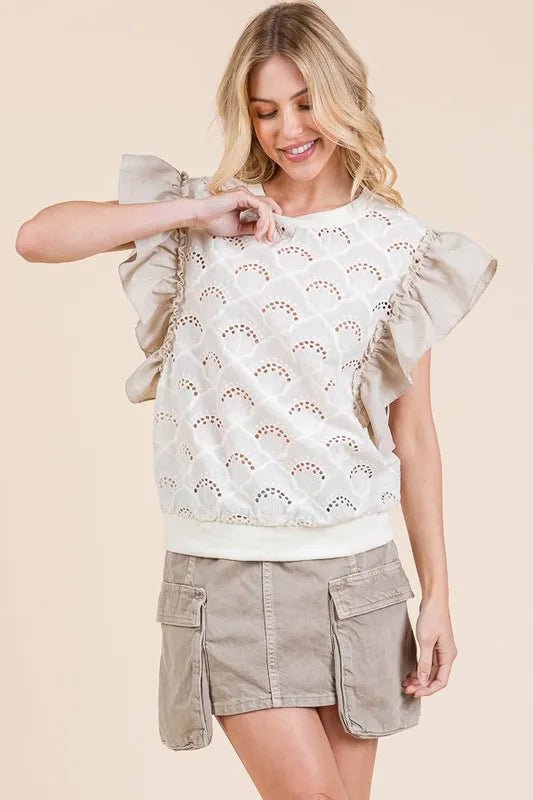 LIME N CHILI - Eyelet Ruffle Sleeve Knit Top in Ivory & Taupe