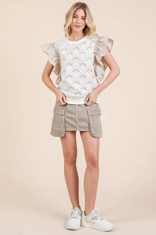 LIME N CHILI - Eyelet Ruffle Sleeve Knit Top in Ivory & Taupe