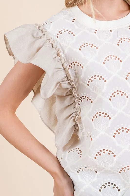 LIME N CHILI - Eyelet Ruffle Sleeve Knit Top in Ivory & Taupe