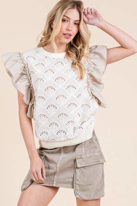 LIME N CHILI - Eyelet Ruffle Sleeve Knit Top in Ivory & Taupe
