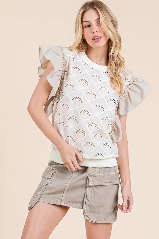 LIME N CHILI - Eyelet Ruffle Sleeve Knit Top in Ivory & Taupe