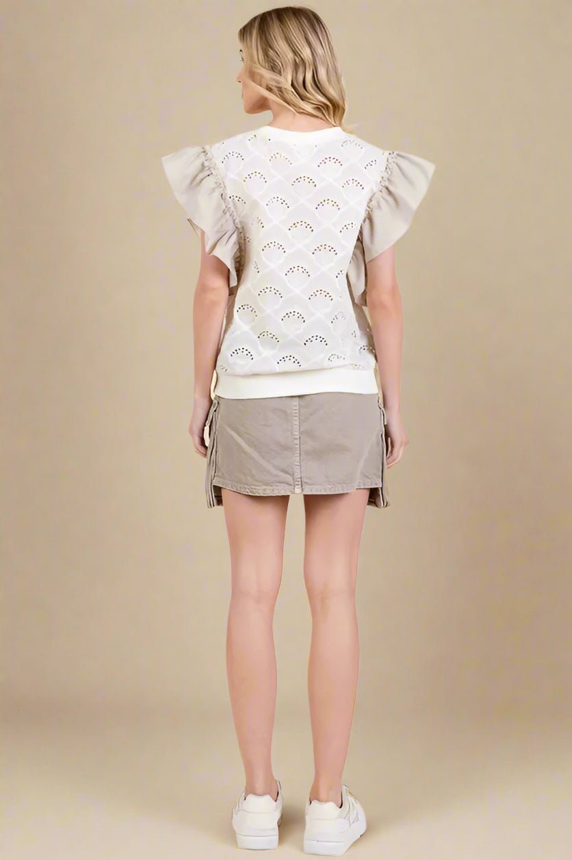 LIME N CHILI - Eyelet Ruffle Sleeve Knit Top in Ivory & Taupe