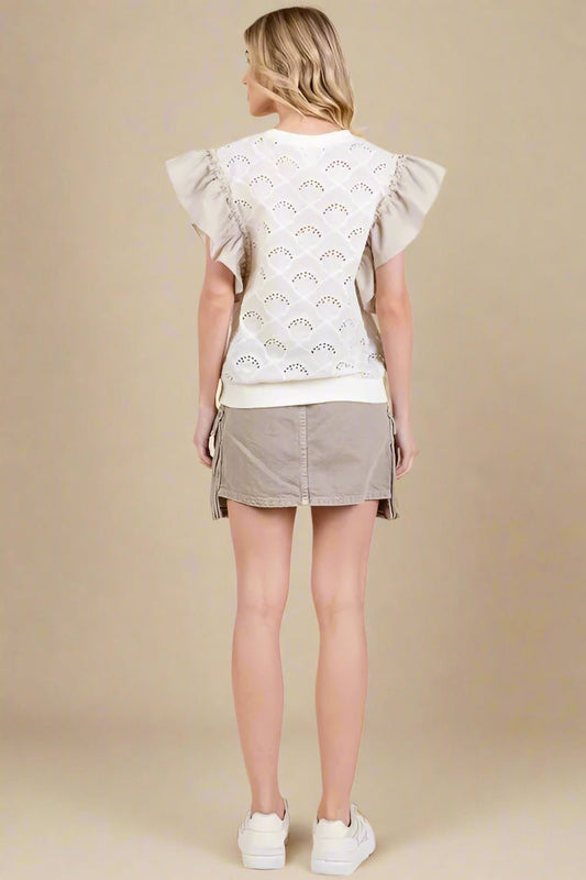 LIME N CHILI - Eyelet Ruffle Sleeve Knit Top in Ivory & Taupe