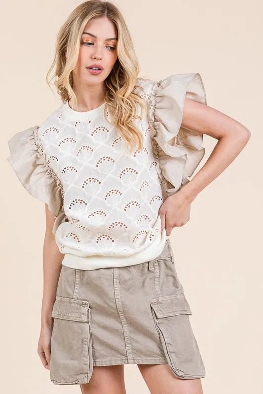 LIME N CHILI - Eyelet Ruffle Sleeve Knit Top in Ivory & Taupe