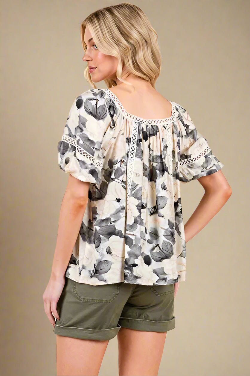 LIME N CHILI - Floral Lace Trim Babydoll Top in Charcoal & Cream