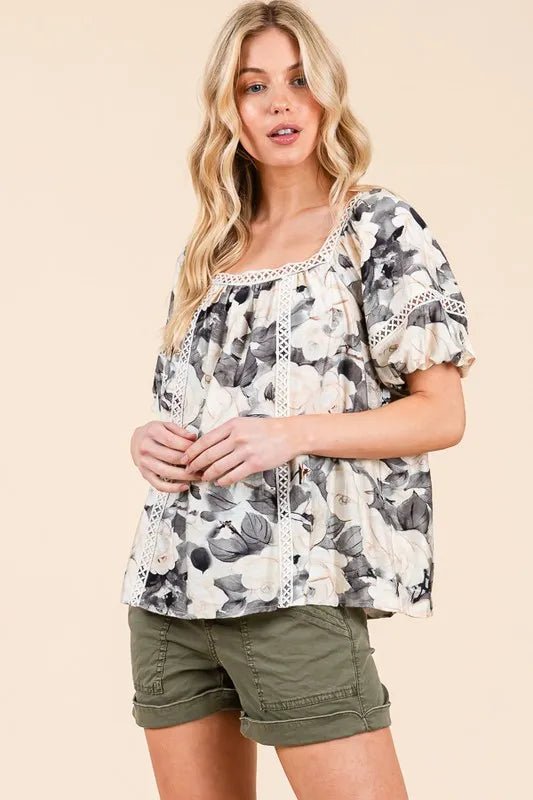 LIME N CHILI - Floral Lace Trim Babydoll Top in Charcoal & Cream