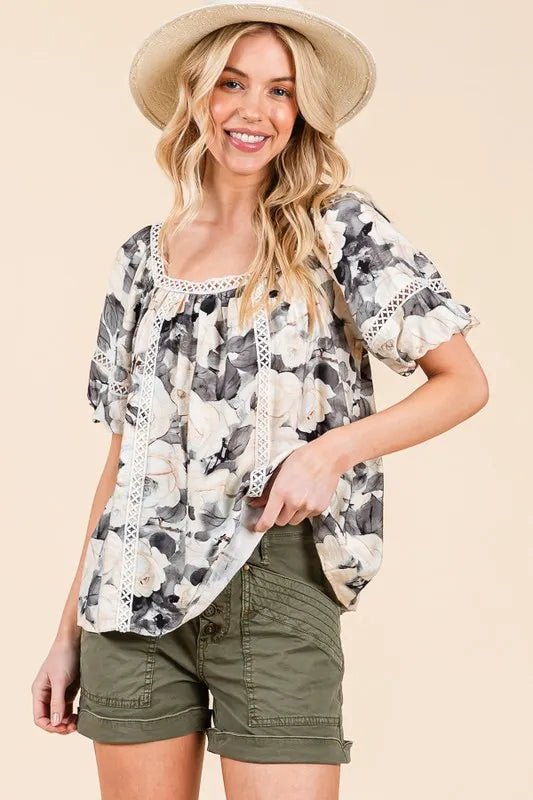 LIME N CHILI - Floral Lace Trim Babydoll Top in Charcoal & Cream