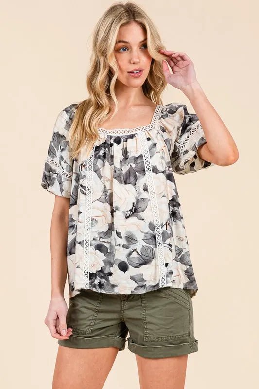 LIME N CHILI - Floral Lace Trim Babydoll Top in Charcoal & Cream