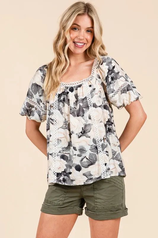 LIME N CHILI - Floral Lace Trim Babydoll Top in Charcoal & Cream