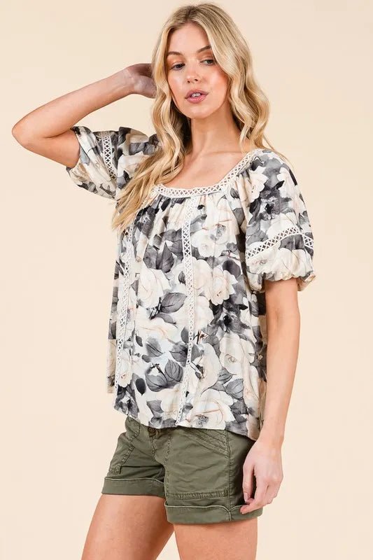 LIME N CHILI - Floral Lace Trim Babydoll Top in Charcoal & Cream
