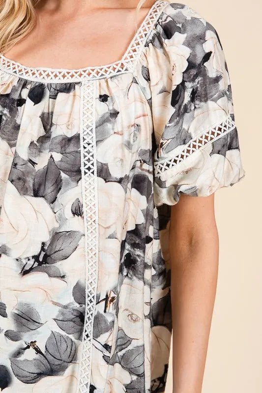 LIME N CHILI - Floral Lace Trim Babydoll Top in Charcoal & Cream