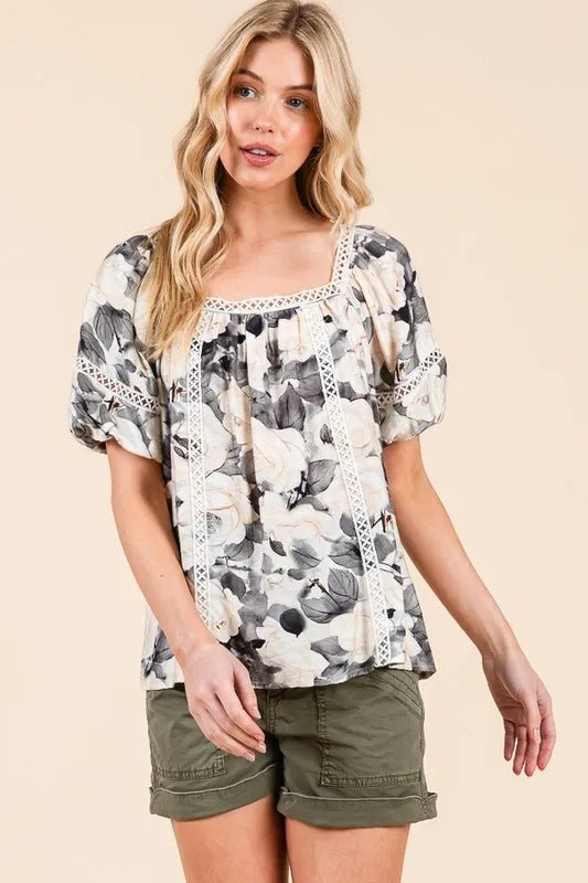 LIME N CHILI - Floral Lace Trim Babydoll Top in Charcoal & Cream