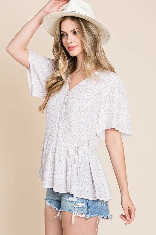 LIME N CHILI - Flutter Sleeve Peplum Top in Soft Lilac Ditsy Floral