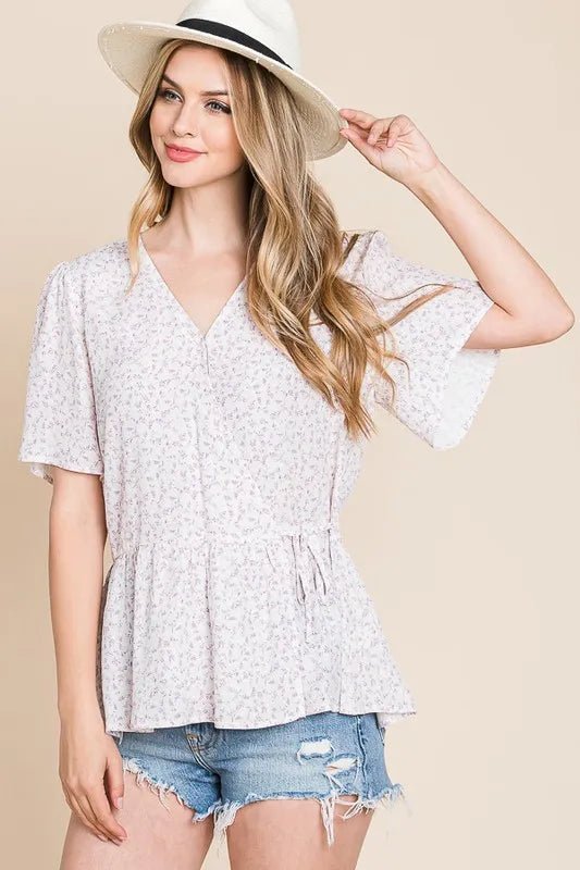 LIME N CHILI - Flutter Sleeve Peplum Top in Soft Lilac Ditsy Floral