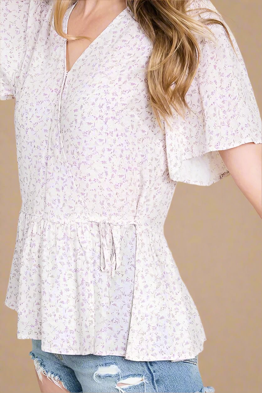 LIME N CHILI - Flutter Sleeve Peplum Top in Soft Lilac Ditsy Floral