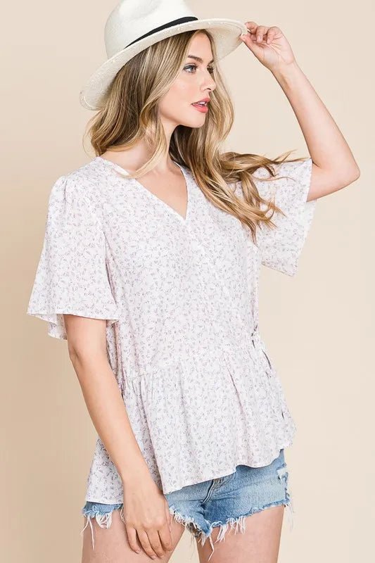 LIME N CHILI - Flutter Sleeve Peplum Top in Soft Lilac Ditsy Floral