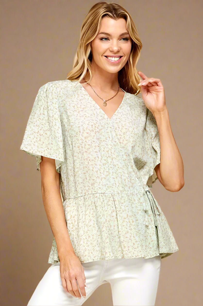 LIME N CHILI - Flutter Sleeve Peplum Top in Soft Sage Ditsy Floral