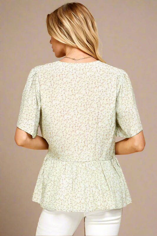 LIME N CHILI - Flutter Sleeve Peplum Top in Soft Sage Ditsy Floral