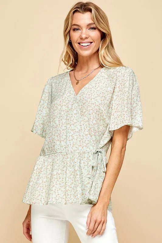 LIME N CHILI - Flutter Sleeve Peplum Top in Soft Sage Ditsy Floral