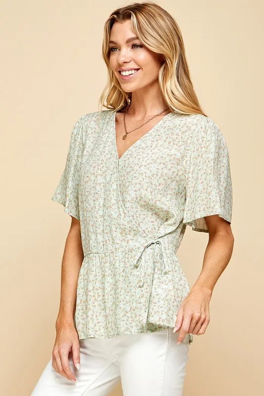 LIME N CHILI - Flutter Sleeve Peplum Top in Soft Sage Ditsy Floral