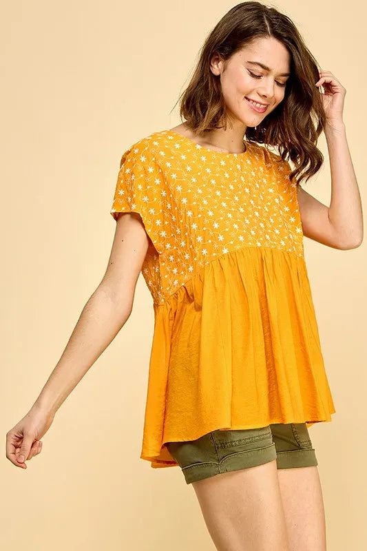 LIME N CHILI - Golden Marigold Embroidered Babydoll Top