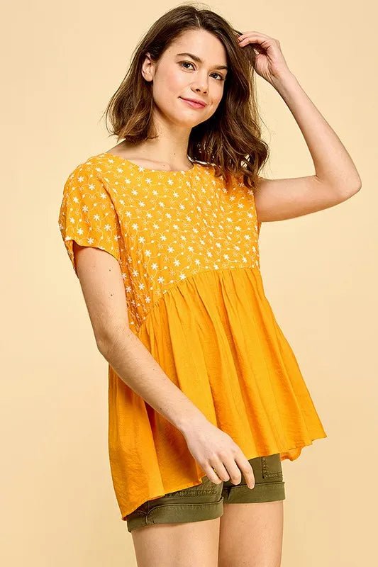 LIME N CHILI - Golden Marigold Embroidered Babydoll Top