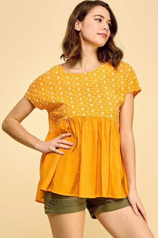LIME N CHILI - Golden Marigold Embroidered Babydoll Top