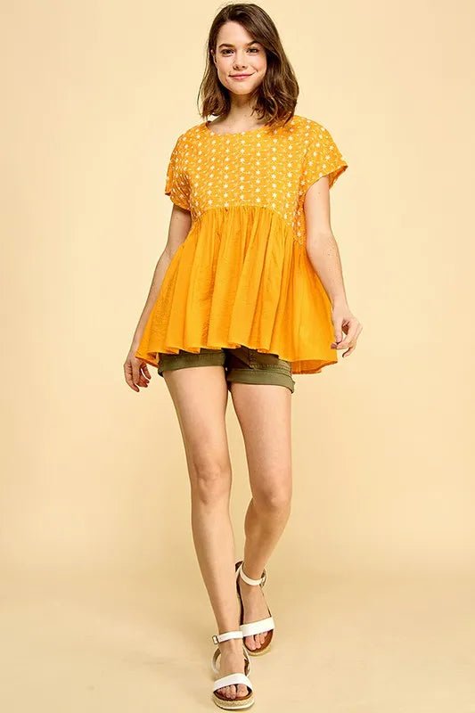 LIME N CHILI - Golden Marigold Embroidered Babydoll Top