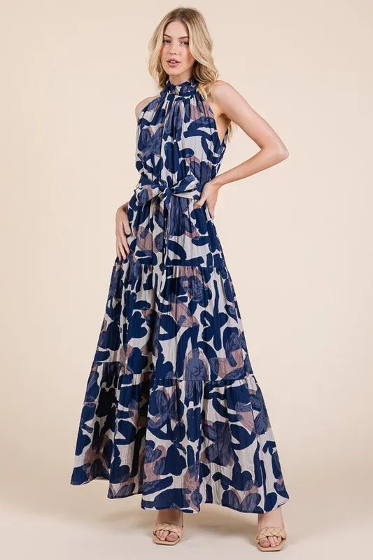 LIME N CHILI - Halter Tiered Maxi Dress in Navy Abstract Print