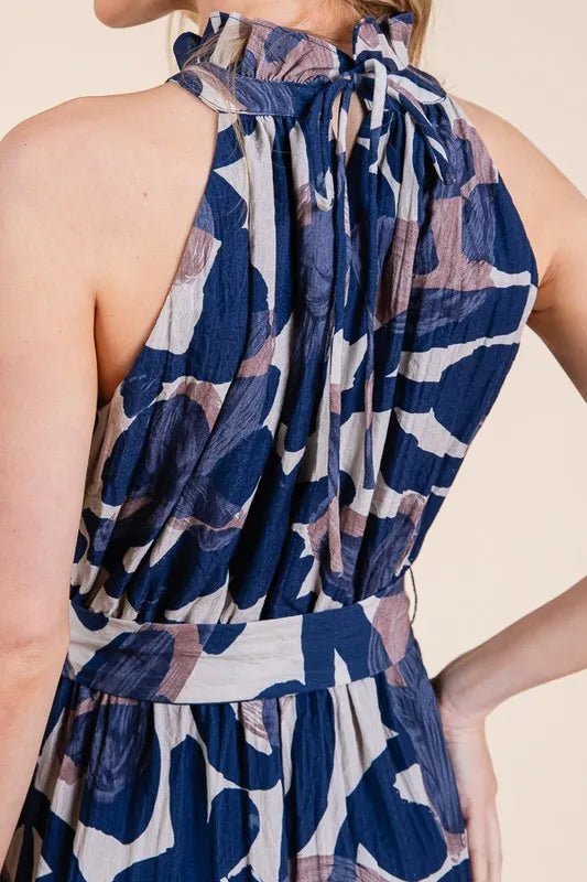 LIME N CHILI - Halter Tiered Maxi Dress in Navy Abstract Print