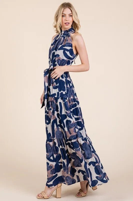 LIME N CHILI - Halter Tiered Maxi Dress in Navy Abstract Print