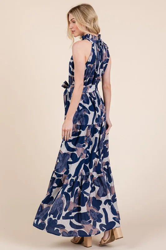 LIME N CHILI - Halter Tiered Maxi Dress in Navy Abstract Print