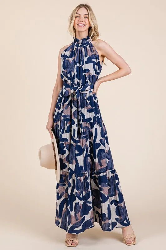 LIME N CHILI - Halter Tiered Maxi Dress in Navy Abstract Print