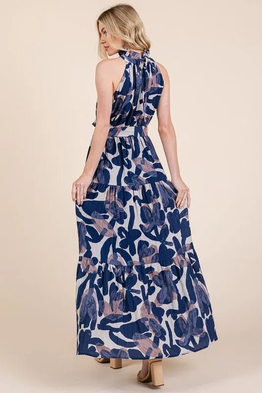 LIME N CHILI - Halter Tiered Maxi Dress in Navy Abstract Print