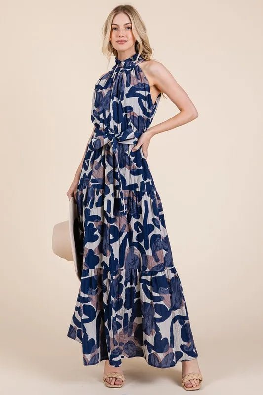 LIME N CHILI - Halter Tiered Maxi Dress in Navy Abstract Print