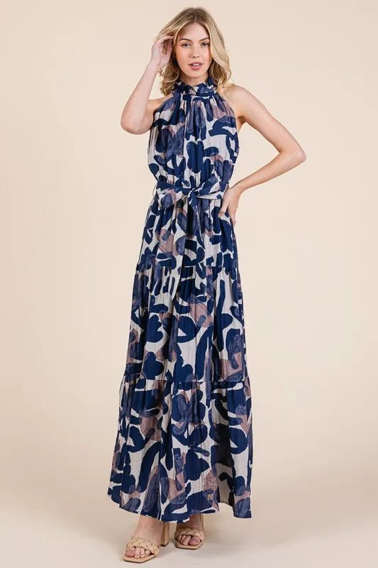 LIME N CHILI - Halter Tiered Maxi Dress in Navy Abstract Print