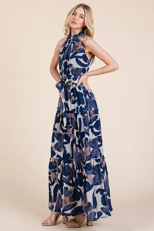 LIME N CHILI - Halter Tiered Maxi Dress in Navy Abstract Print