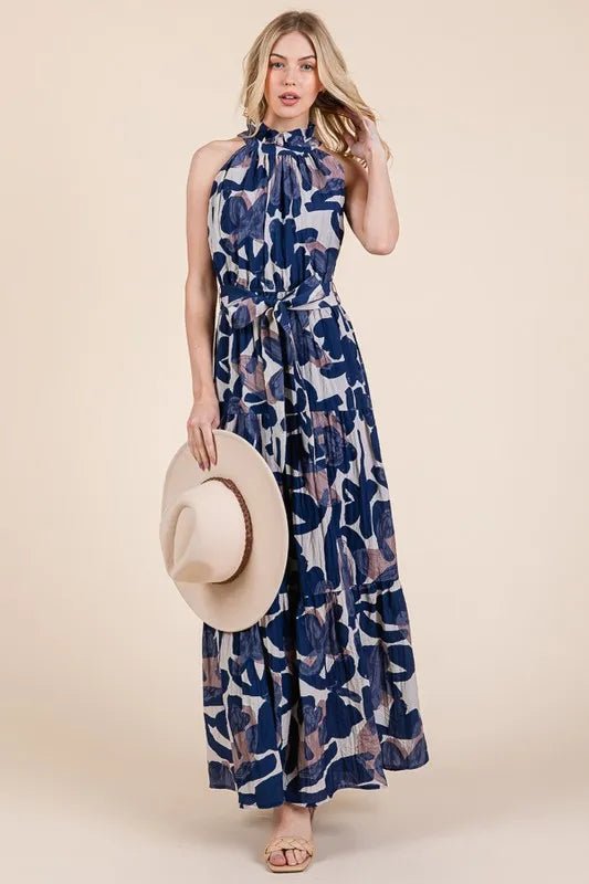 LIME N CHILI - Halter Tiered Maxi Dress in Navy Abstract Print