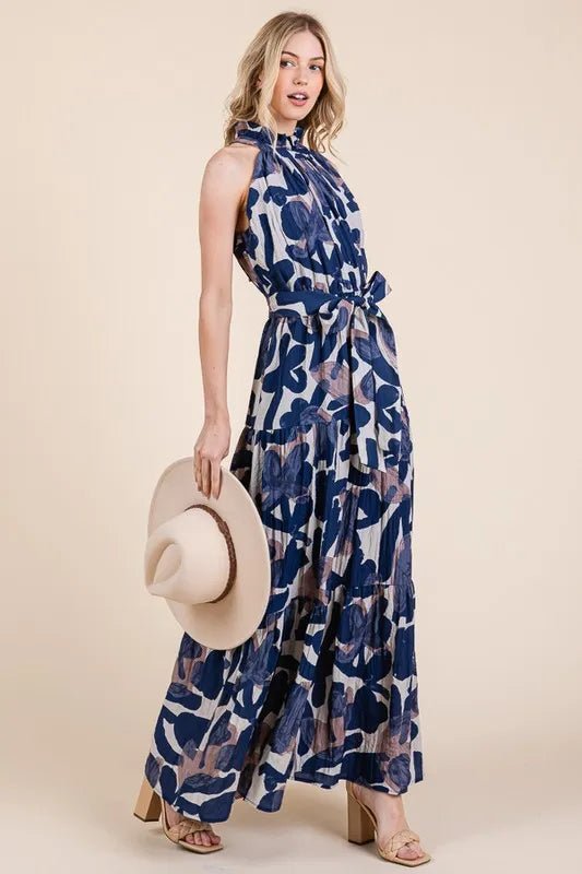 LIME N CHILI - Halter Tiered Maxi Dress in Navy Abstract Print