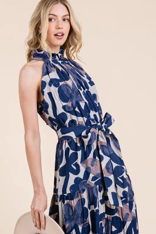 LIME N CHILI - Halter Tiered Maxi Dress in Navy Abstract Print